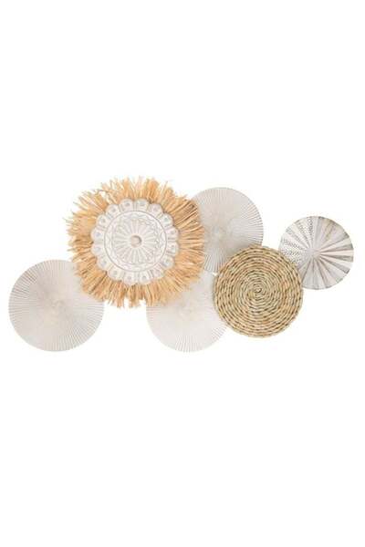 TOPI TOY Accesoriu decorativ de perete, discuri metalice albe si aurii, cu detalii din rafie, 79 × 40 cm