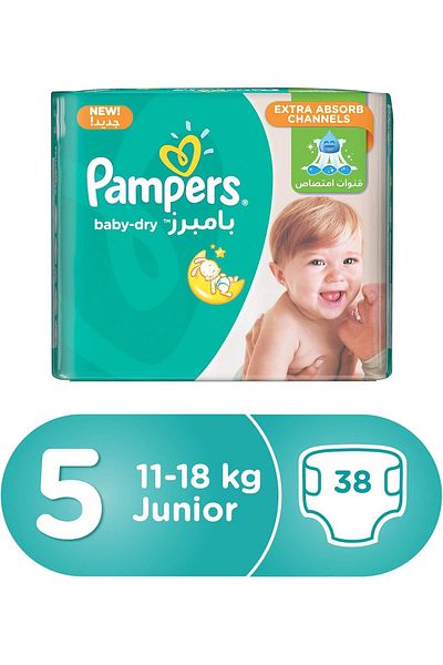 Pampers Baby-Dry Diapers, Size 5, Junior, 11-18 kg, Value Pack, 38 Count