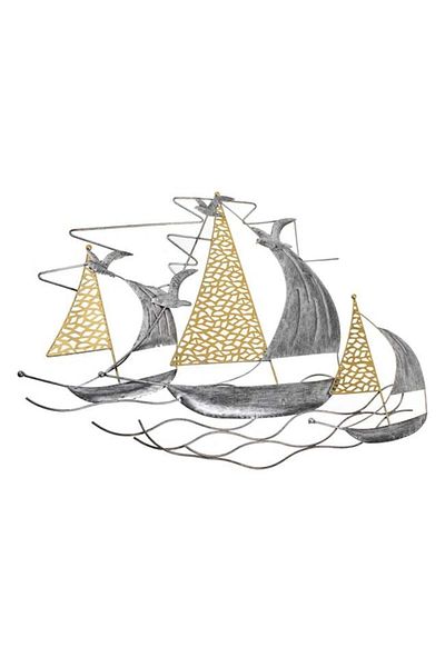 TOPI TOY Accesoriu decorativ de perete, corabie metalica aurie/argintie, 68 × 51 cm
