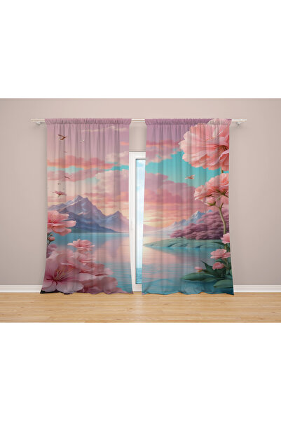 Home Pink Rose Patterned 3D Digital Printed 2 Wing Background Curtain Living Room Hall Background Curtain