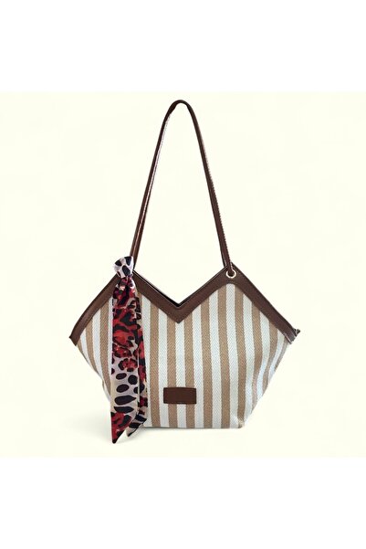 Peony Boutique Striped Straw Bag with Scarf Detail – Summer Shoulder and Beac...