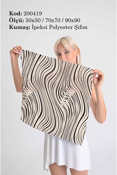 DESENİX وشاح منقوش باللون الأسود |   خلفية بيج لامعة |   50x50 - 70x70 - 90x9...