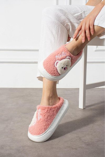 FootFrenzy Women's Gray Plush Fabric Cute Teddy Bear Patterned Comfortable Sole Non-Slip Winter House Slippers