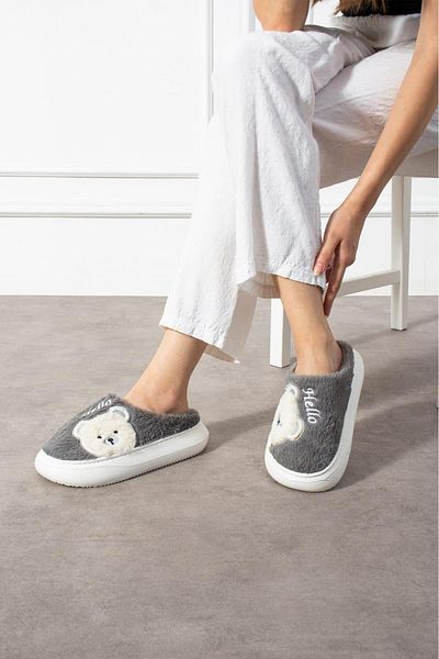 FootFrenzy Women's Gray Plush Fabric Cute Teddy Bear Patterned Comfortable Sole Non-Slip Winter House Slippers
