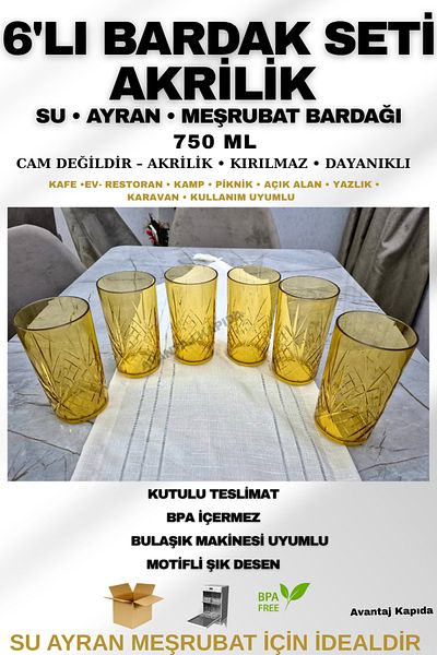 Avantaj Kapıda Set of 6 Acrylic Water Soft Drink Ayran Cups (Not Glass) – | Unbreakable |   Home and Business-Gift