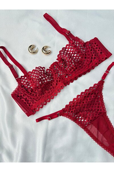 İNKO İÇ GİYİM Underwire Uncovered Tulle Detailed Patterned Bra Set (Bra Thong)