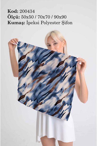 DESENİX Brush Stroke Effect Scarf |   Navy Blue & Coffee |   50X50 - 70X70 - 90X90Cm |   Silky Polyester Chiffon