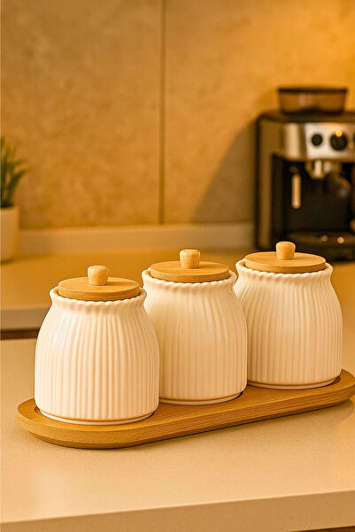 Woodcept Porcelain Daisy Model Wooden Vacuum Lid Tea, Sugar, Salt, Coffee Storage Jar Set with 3 Stands