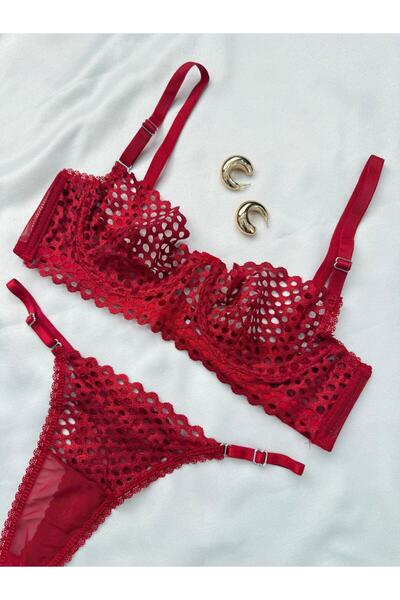 İNKO İÇ GİYİM Underwire Uncovered Tulle Detailed Patterned Bra Set (Bra Thong)