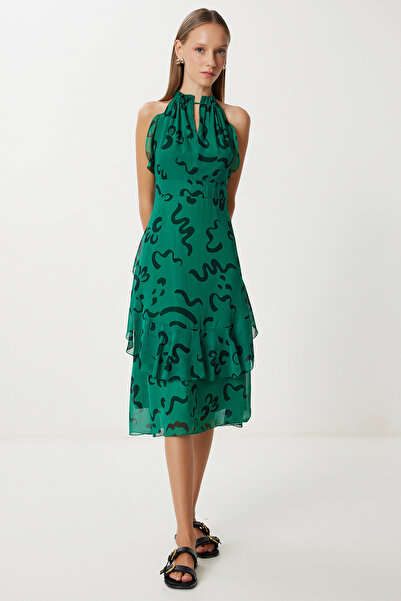 Lovelyİstanbul Καλοκαιρινό φόρεμα σιφόν με μοτίβο LFG0061 ΣΚΟΥΡΟ ΠΡΑΣΙΝΟ