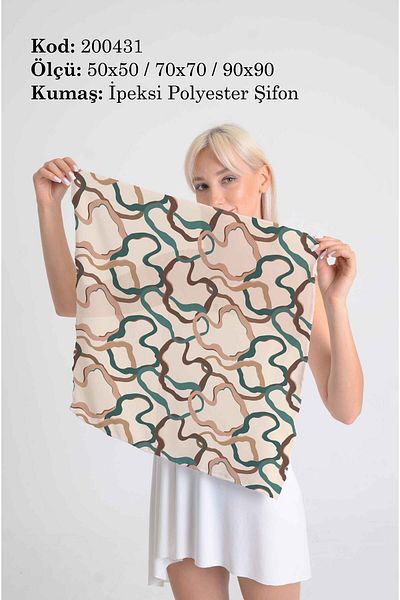DESENİX Natural Form Patterned Scarf |   Caramel & Green Tones |   50X50-70X70-90X90Cm |   Silky Polyester Chiffon