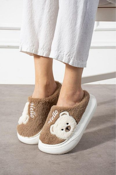 FootFrenzy Women's Gray Plush Fabric Cute Teddy Bear Patterned Comfortable Sole Non-Slip Winter House Slippers
