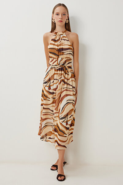Lovelyİstanbul Desenli Midi Şifon Elbise LFG0079 CAMEL BEJ