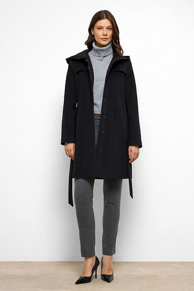 Olcay Hooded Cape Detailed Coat Black 3109