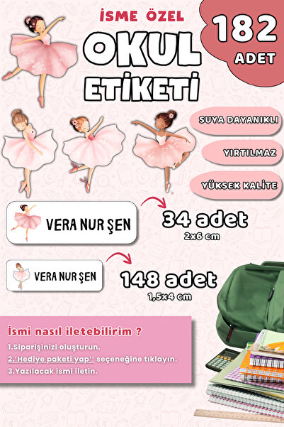 Hume Craft 182 Adet Balerin Temalı İsme Özel Okul Etiketi Kalem ve Defter İçin