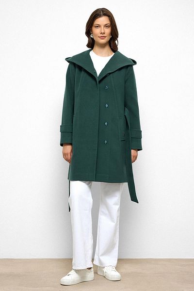 Olcay Hooded Punto Stitch Detailed Coat Green 3102