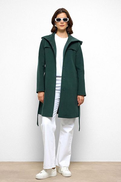 Olcay Hooded Cape Detailed Coat Green 3109