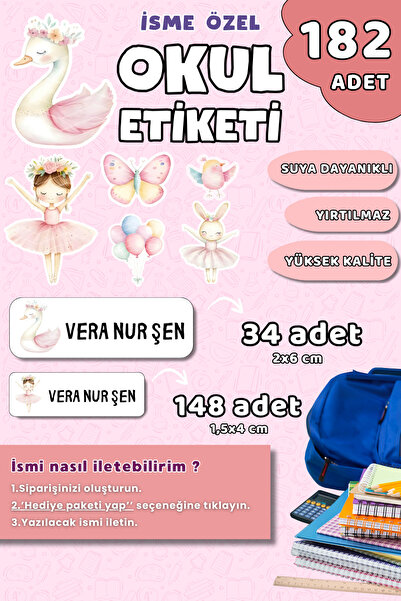 Hume Craft 182 Adet Soft Kuğu Temalı İsme Özel Okul Etiketi Kalem ve Defter İçin