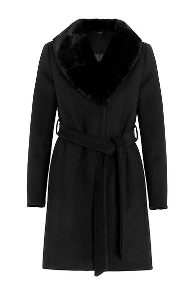 Olcay Shawl Collar Fur Waist Tied Coat Black 3093
