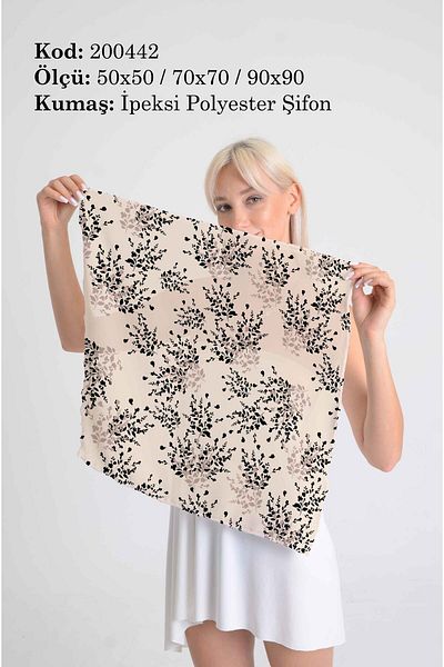 DESENİX Black Floral Silhouette Scarf |   Beige Floor |   50X50 - 70X70 - 90X90Cm |   Silky Polyester Chiffon