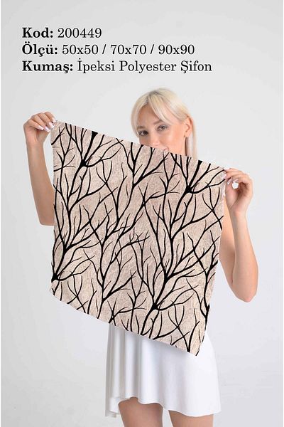 DESENİX Black Branched Minimal Scarf |   Broken Stone Beige Floor |   50X50 - 70X70 - 90X90Cm |   Silky Chiffon Fabric