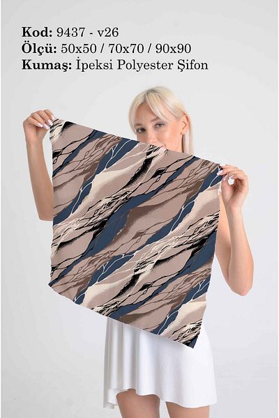 DESENİX Abstract Wave Patterned Scarf |   Navy Blue & Cream Earth |   50X50 - 70X70 - 90X90Cm |   Silky Chiffon Fabric