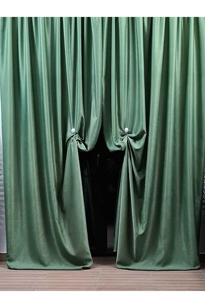 Mastel Set of 2 curtains, green color, velvet pattern, plain