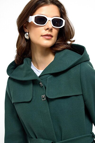 Olcay Hooded Cape Detailed Coat Green 3109