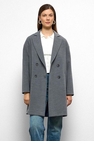 Olcay Patterned Lined Oversize Double Breasted Coat Gray 3095