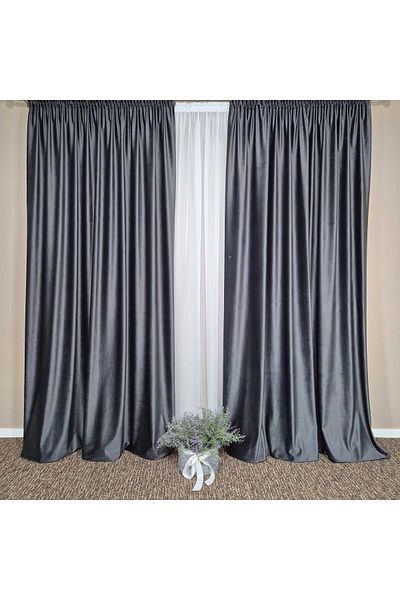 Mastel Set of 2 luxury dark grey velvet curtains with ivory veil curtain