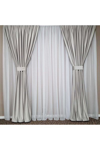Mastel Set of 2 luxury light gray velvet curtains with white veil curtain
