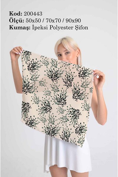 DESENİX Green Leaf Branch Scarf |   Natural Beige Floor |   50X50 - 70X70 - 90X90Cm |   Silky Polyester Chiffon