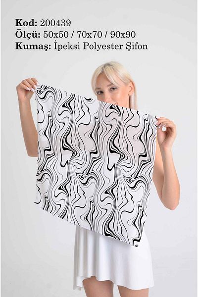 DESENİX Black and White Wave Modern Patterned Scarf |   50X50 - 70X70 - 90X90Cm |   Silky Polyester Chiffon