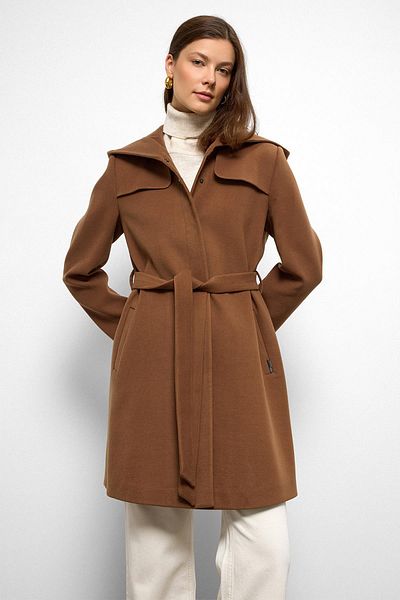 Olcay Hooded Cape Detailed Coat Taba 3109