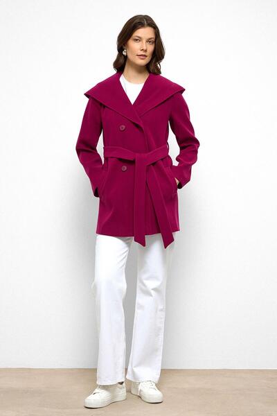 Olcay Hooded Double Breasted Short Coat Fuchia 3103