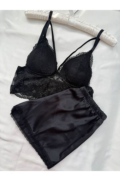 İNKO İÇ GİYİM Bustier Lace Detailed Satin Shorts Set
