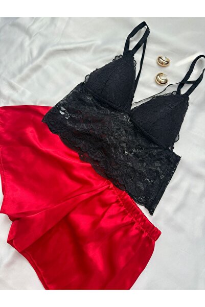 İNKO İÇ GİYİM Bustier Lace Detailed Satin Shorts Set