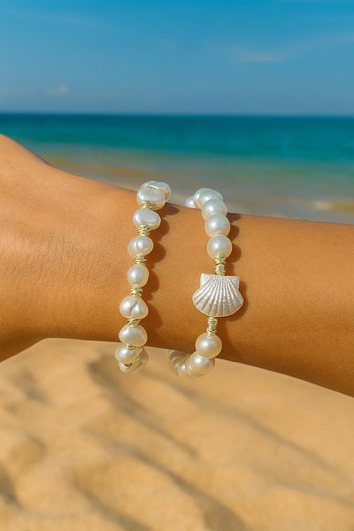 SEZİNİN TAKI DÜKKANI Double Mussel Model Pearl Bead Bracelet