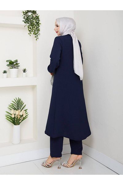 Monchoix Women's Stone and Ruffle Detailed Long Tunic Trousers Double Hijab Set