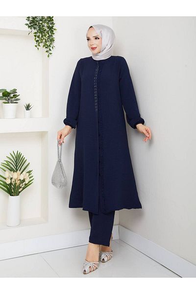 Monchoix Women's Stone and Ruffle Detailed Long Tunic Trousers Double Hijab Set