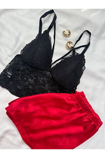 İNKO İÇ GİYİM Bustier Lace Detailed Satin Shorts Set