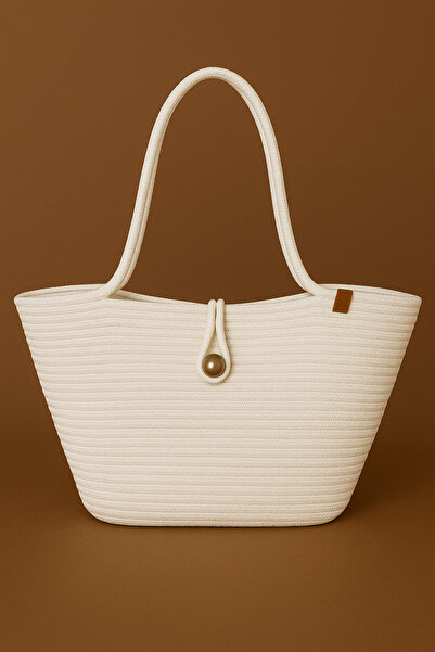 Efuliz Home Jute Straw White Color Beach Bag, Daily Long Handle Shoulder Bag, Handmade Natural Trend Bag