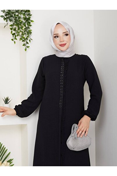 Monchoix Women's Stone and Ruffle Detailed Long Tunic Trousers Double Hijab Set