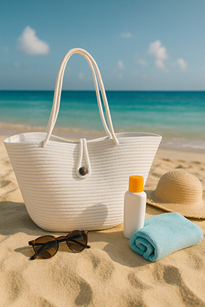 Efuliz Home Jute Straw White Color Beach Bag, Daily Long Handle Shoulder Bag, Handmade Natural Trend Bag