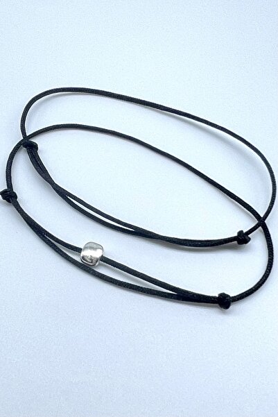 Concept HuBuTU Minimal Gümüş Kaplama Objeli Siyah İp Sade Erkek Bilekliği Set...