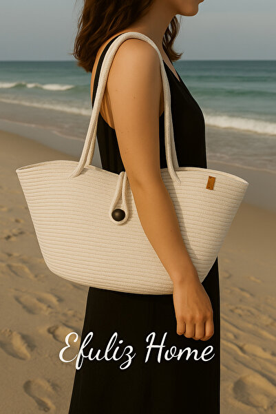 Efuliz Home Jute Straw White Color Beach Bag, Daily Long Handle Shoulder Bag, Handmade Natural Trend Bag