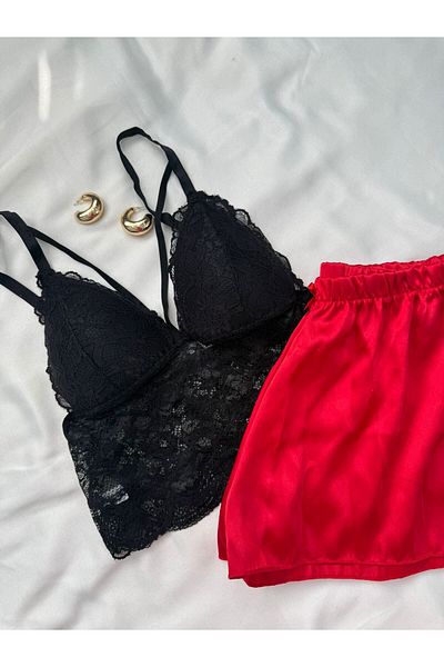 İNKO İÇ GİYİM Bustier Lace Detailed Satin Shorts Set