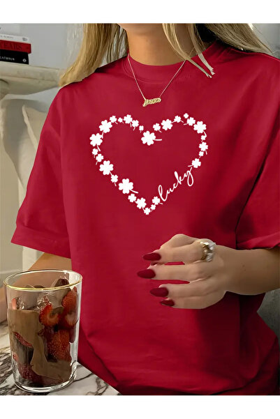 Trend Sizde Μπλουζάκι με κοντό μανίκι με τυπωμένο σχέδιο τριφύλλι και γράμματα αγάπης