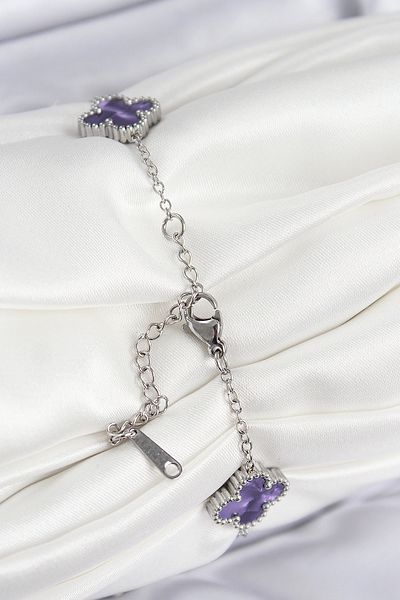 Toptan Bulurum 316L Steel Pearlescent Purple Silver Color Clover Women's Bracelet