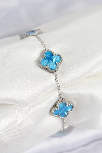 Toptan Bulurum 316L Steel Pearlescent Sky Blue Silver Color Clover Women's Bracelet